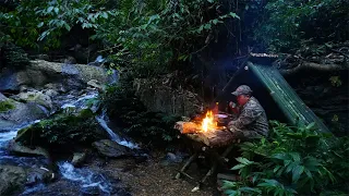 Solo bushcraft: Build shelter and spend the night by the waterfall - Ep.15