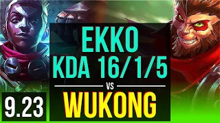 EKKO vs WUKONG (JUNGLE) | KDA 16/1/5, Legendary | EUW Master | v9.23