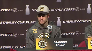 Brandon Carlo and Jake DeBrusk ahead of Bruins-Hurricanes Game 4