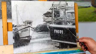 Charcoal Drawing - fishing boats at Cadgwith Cove Cornwall