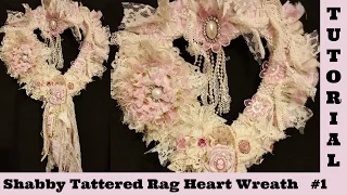 Shabby Rag Wreath Tutorial. Vintage Pink Cream Handmade Flowers, Victorian upcycled #1