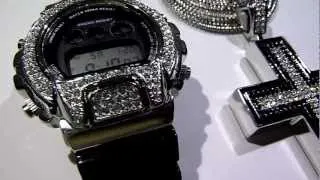 (SOLD OUT) $69 Black/White G-Shock DW6900 type watch + Iced Cross pendant + Franco chain!