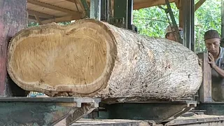 Effective way to comb large, flat logs of teak wood || Teak sawmill ASMR.