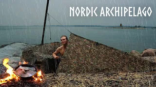 RAINY SEASIDE CAMP in the Nordic Archipelago: 1 Hour Bushcraft Movie