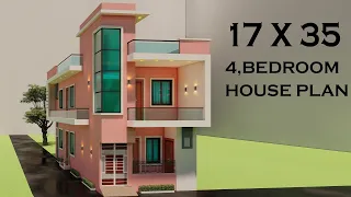 दो भाइयों के लिए चार कमरे का मकान,3D 17x35 4 Bedroom House Elevation,Duplex House Plan