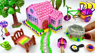 DIY How to make polymer clay miniature House, Rikshaw cycle, Kitchen set, Water well, Charpai, Fan