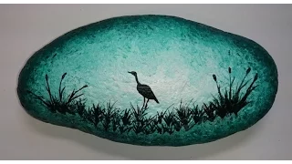 Rock painting -- Turquoise sunset and heron silhouette - Acrylic painting