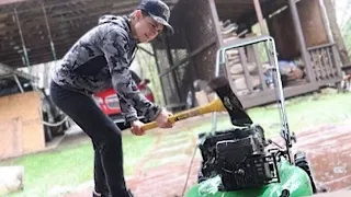 Angry Kid Destroys Lawnmower