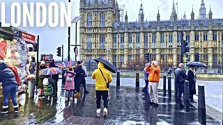 Central London RAIN Walk | Victoria Street, Westminster, London Eye | 4K Walking Tour