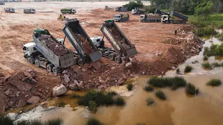 Ep91| Most Dump Trucks Shipping and Dumping Stone To Filling Up Working Hard With Komatsu Dozers