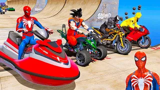 HOMEM ARANHA e AMIGOS COM MOTOS, CARROS e JETski Desafio no LAGO | Spiderman Stunt GTA V