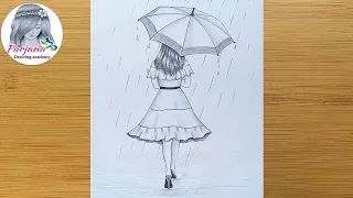 Easy way to draw a girl with umbrella || A rainy day pencil sketch || bir kız nasıl çizilir