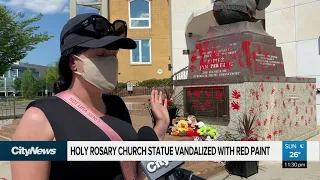 Statue outside Edmonton Polish catholic church vandalized with red paint