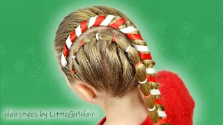 Candy Cane Holiday Hair with Ribbon & Elastics | New Winter Hairstyles by LittleGirlHair❤️