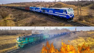 Пожар в поле. Длинный грузовой поезд. TE33AC-3002-3005 / Толкач 2ТЭ10Л-792А-2077Б Абаклия [CFM]