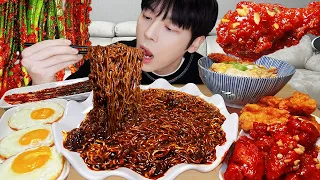 ASMR MUKBANG | Fried Chicken, black bean noodles, katsudon, kimchi recipe ! eating