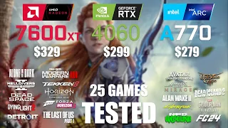 RX 7600XT 16GB vs RTX 4060 8GB vs ARC A770 16GB | R9 - 7950X3D | 1080p - 25 Games Tested