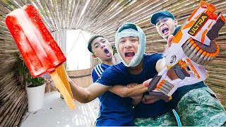 Battle Nerf War: Squad Soldiers & Blue Police Use Nerf Guns Fight Robbers Group ICE CREAM WAR