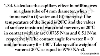 Calculate the capillary effect in millimetres in a glass tube of 4 mm diameter, when immersed in