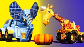 AnimaCars - Díkuvzdání: Žirafí jeřáb a Sloní bagr si chtějí dát dýni - animáky s náklaďáky & zvířaty