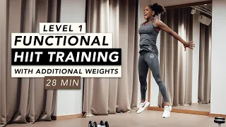 HOME WORKOUT // 28 MINUTES FUNCTIONAL HIIT TRAINING WITH WEIGHTS LEVEL 1 // REBECCA BARTHEL