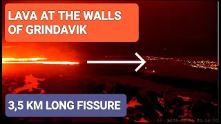 Lava reached the defence walls in Grindavik! Going south and west. Fissure 3,5 km long now!