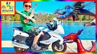 New Kids Motorcycle Fast Test Drive and Crazy Dragon Toys Battle vs Nerf Gun in the Park!