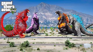 Team Shin Godzilla vs Atomic Godzilla, burning Godzilla - The God Battle ( GTA V Mods )