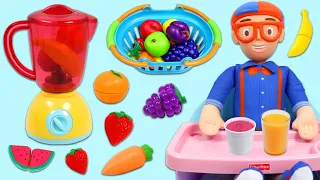 Blippi Goes Grocery Shopping Farmer's Market Toy Cash Register & Makes Fruit Smoothies Toy Blender!