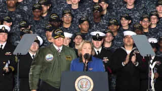 President Trump Arrives Aboard The Future USS Gerald R. Ford For Speech