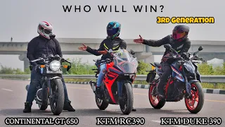 2024 Duke 390 vs RE Continental GT 650 Vs KTM RC390 | Which Is Fastest?