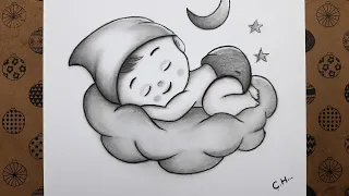 Bulutların Üzerinde Uyuyan Sevimli Bebek Resmi Nasıl Çizilir, Kolay Karakalem Çizim Fikirleri