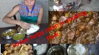 Woo! मा इसे गोथाव What a tasty Pork...Assam Bodo Parents cook pork with dry jute leave