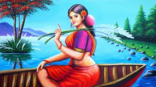 Village girl painting on a boat | nature drawing painting