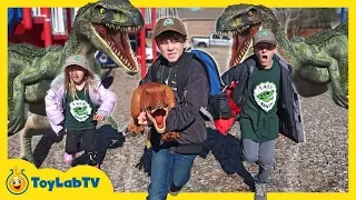 Dinosaur Escape Plan! Giant Life Size Raptors Attack Kids Playground & T-Rex Toy Saves the Day