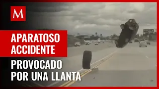 Captan en video aparatoso accidente en carretera de Los Ángeles provocado por una llanta