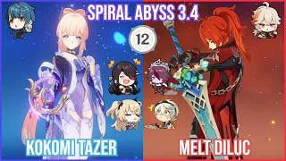 【GI】C1 Kokomi Tazer x C0 Melt Diluc - Spiral Abyss 3.4 Full Star Clear Showcase!