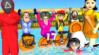 Scary Teacher 3D vs Squid Game Water Pool Trying Honeycomb Candy Shape Turn 6 Times Challenge