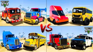 Race Truck vs Fire Truck vs Police Van vs School Bus vs Tesla Truck - GTA 5 WHICH IS BEST?