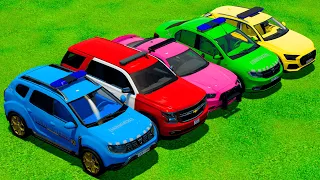 LOADING & TRANSPORTING COLOR DACIA, CHEVROLET, DODGE, AUDI POLICE CARS! - Farming Simulator 22