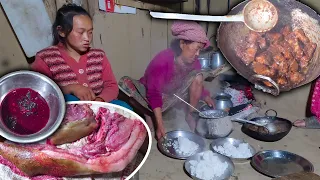 Pork cook with blood recipe || Pork recipe with rice cooking & eating in Village kitchen #mukbang