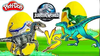 GIANT SURPRISE EGG OF VERSUS OF DINOSAUR VELOCIRAPTOR BLUE VS WILD VELOCIRAPTOR IN PLAY DOH