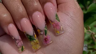 Long Deep French Floral Encapsulated Acrylic Nail