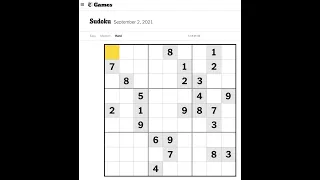New York Times - Hard Sudoku - 2 September 2021