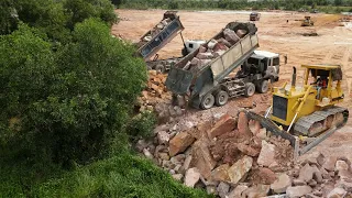 Part.72| Incredible Huge Filling  Stone Project Komatsu Dozers Process With Dump Trucks Team