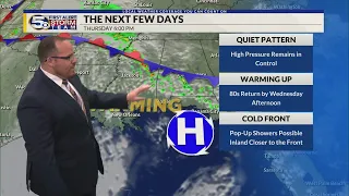 Not as chilly overnight, Slim rain chance Thursday