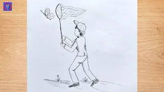 How to draw a boy catching butterfly easily || pencil sketch drawing tutorial for beginners