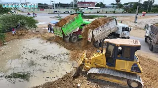 DR51PX KOMATSU Bulldozer Working, Processing Filling Up The Land huge, Dump truck unloading