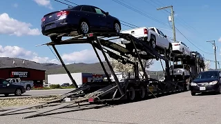 AUTO TRANSPORT CARRIER:  Sped-up Unload. [Unload Takes 6 Min.] -- Jeep, GM, Toyota (Car Hauler)