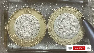 ¡Impresionante! Moneda de $10 año 1997. Tonatiuh. Centro de alpaca PLATEADA. ¿Con gráfila invertida?